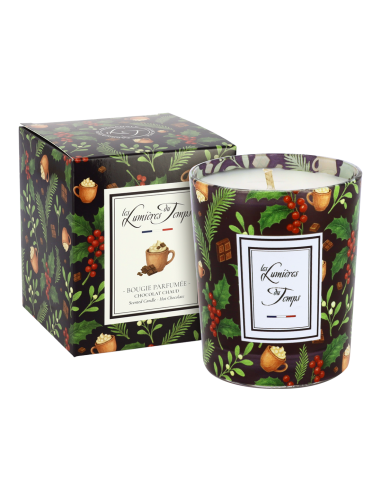 Bougie Lumières d'Hiver 180 g Chocolat Chaud et sa boîte au décor identique