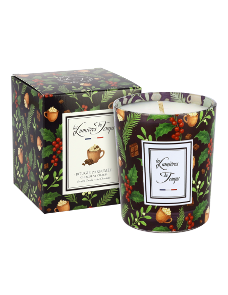 Bougie Lumières d'Hiver 180 g Chocolat Chaud et sa boîte au décor identique