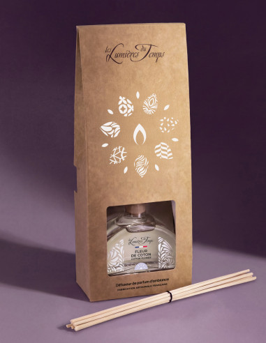 Diffuseur de Parfum 100 ml Fleur de Coton livré avec sa boîte et ses bâtonnets en rotin.