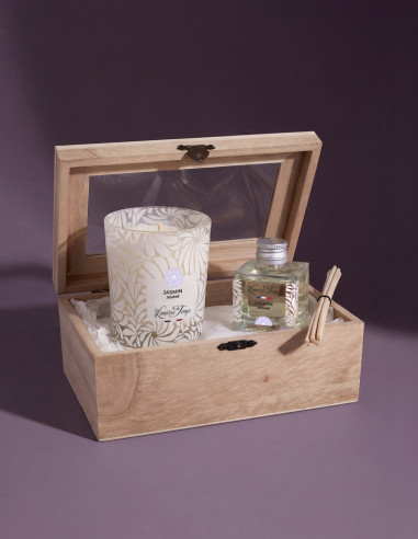 Coffret en Bois composé d'une bougie parfumée 180 g et d'un diffuseur de parfum 50 ml. Parfum Jasmin.
