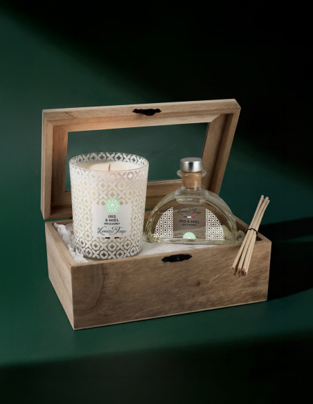 Coffret Bois Bougie 180 g et Diffuseur en forme d'encrier 100 ml Iris et Miel