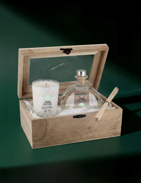 Coffret Bois Diffuseur 100 ml et Bougie 90 g Cèdre et Cyprès. Un duo de parfum authentique