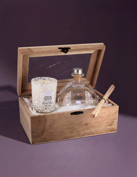 Coffret Bois Diffuseur 100 ml et Bougie 90 g. Parfum délicat et fleuri de Touche de Mauve. Idée cadeau